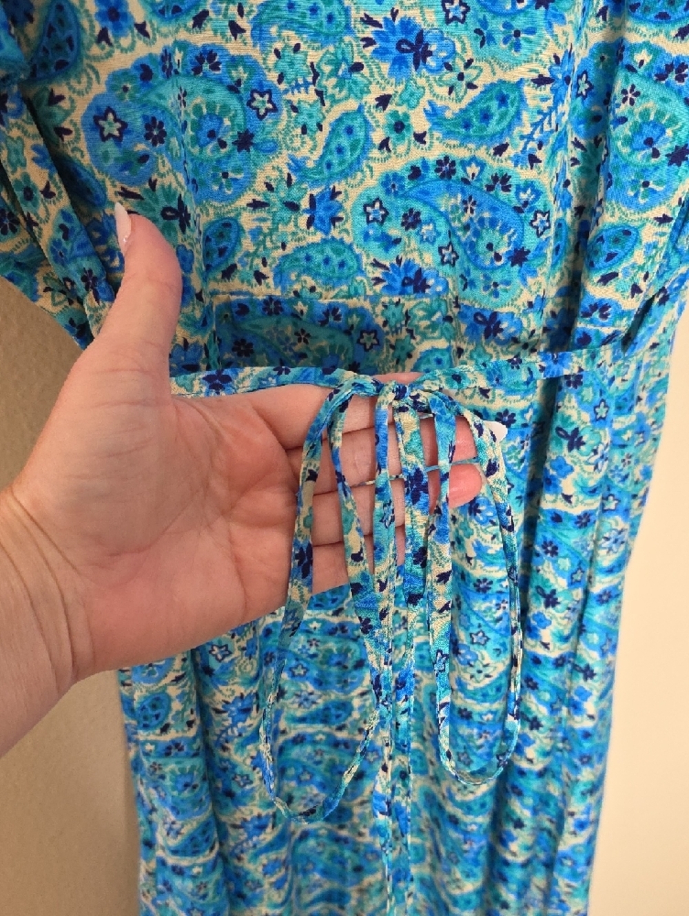 Vintage Silk Wrap Maxi Dress Blue Paisley Boho Womens M/L Cottagecore Resortwear - Picture 6 of 14